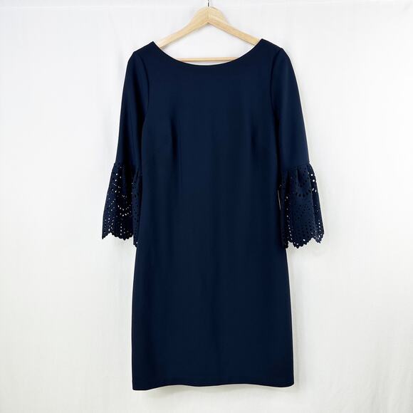Eliza J Sheath Quarter Sleeve Knee Length Dress Navy Eyelet Flutter Sleeve 8 - Picture 1 of 6
